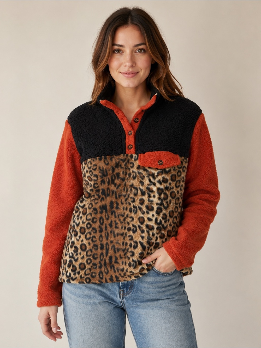 DONNI. Leopard Colorblock Fleece Pullover – XS – Made in USA